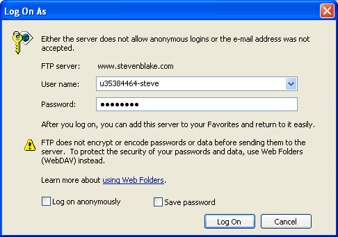 Login window for FTP